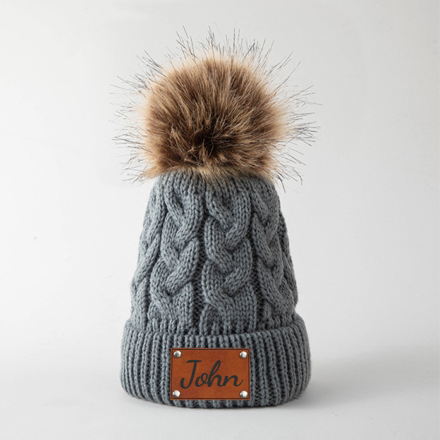 Personalized Kids Faux Leather Patch Pom Pom Beanie