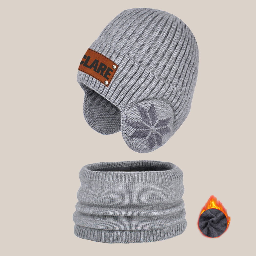 Personalized Kid Leather Patch Winter Beanie With Knitted Scarf Set 