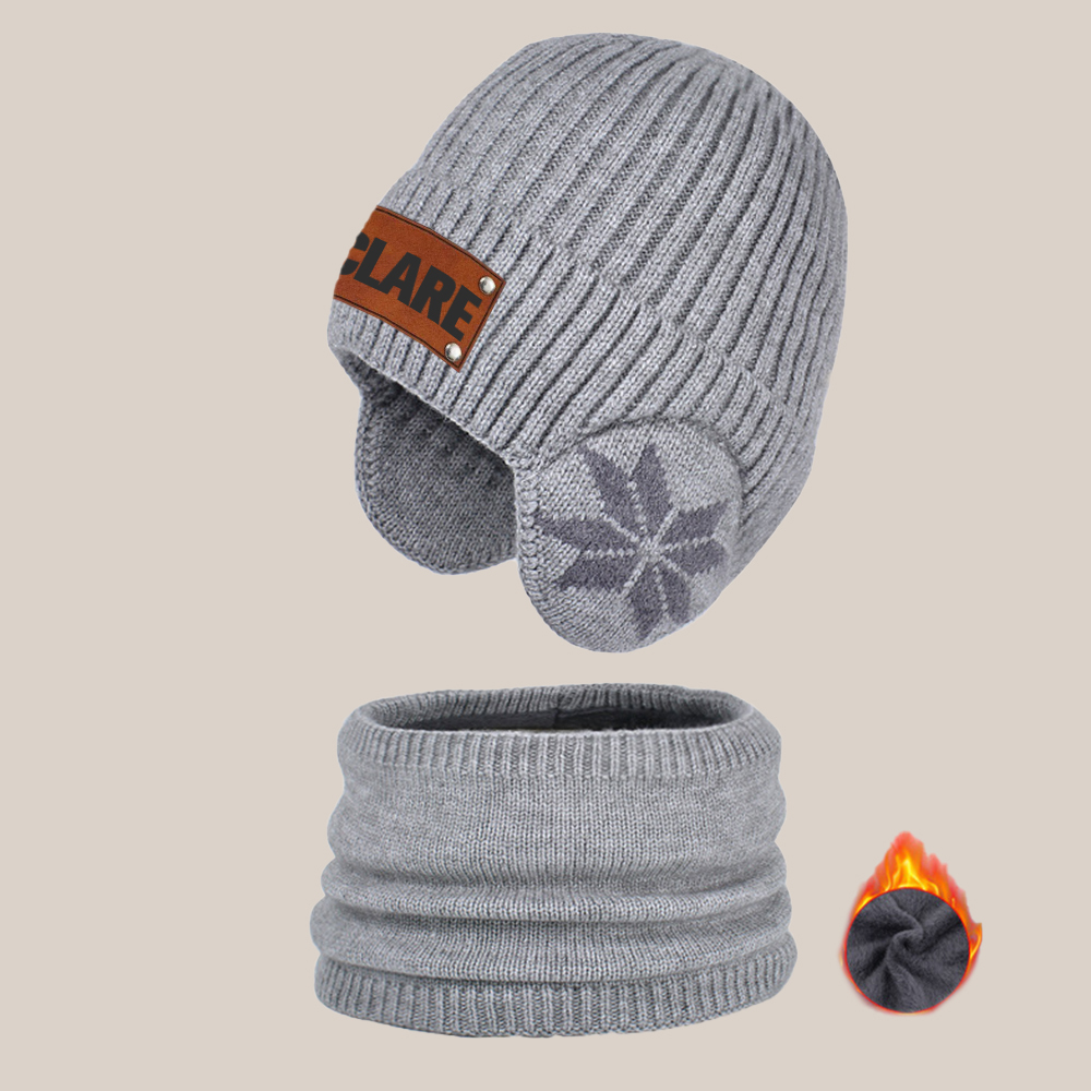 Personalized Kid Leather Patch Winter Beanie With Knitted Scarf Set 