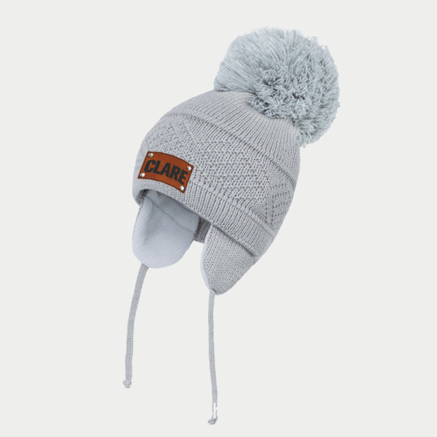 Personalized Kid Leather Patch Pom Pom Knit Hat