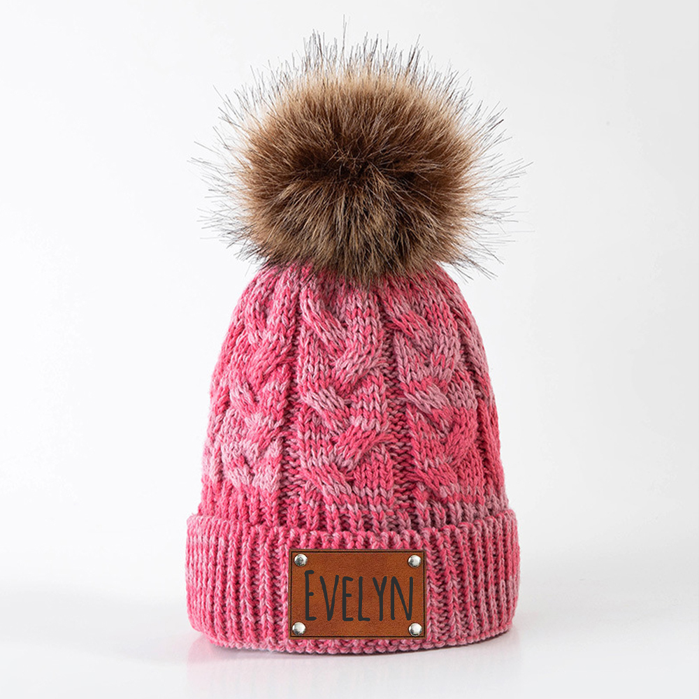 Personalized Kids Faux Leather Patch Pom Pom Beanie