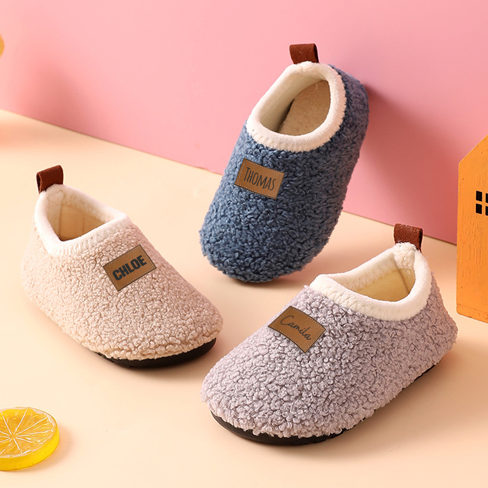Personalized Kid Leather Patch Warm Plush Floor Sock Shoes 