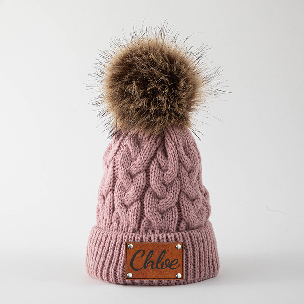 Personalized Kids Faux Leather Patch Pom Pom Beanie