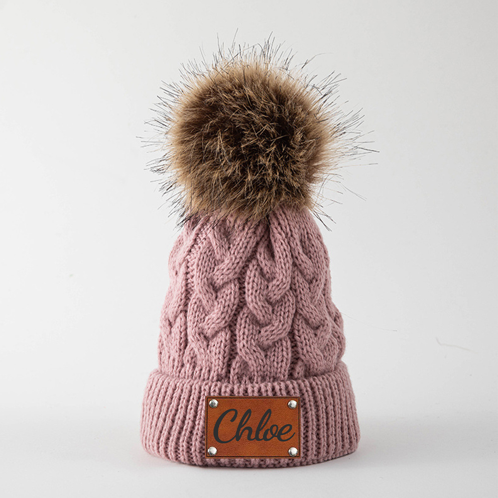 Personalized Kids Faux Leather Patch Pom Pom Beanie
