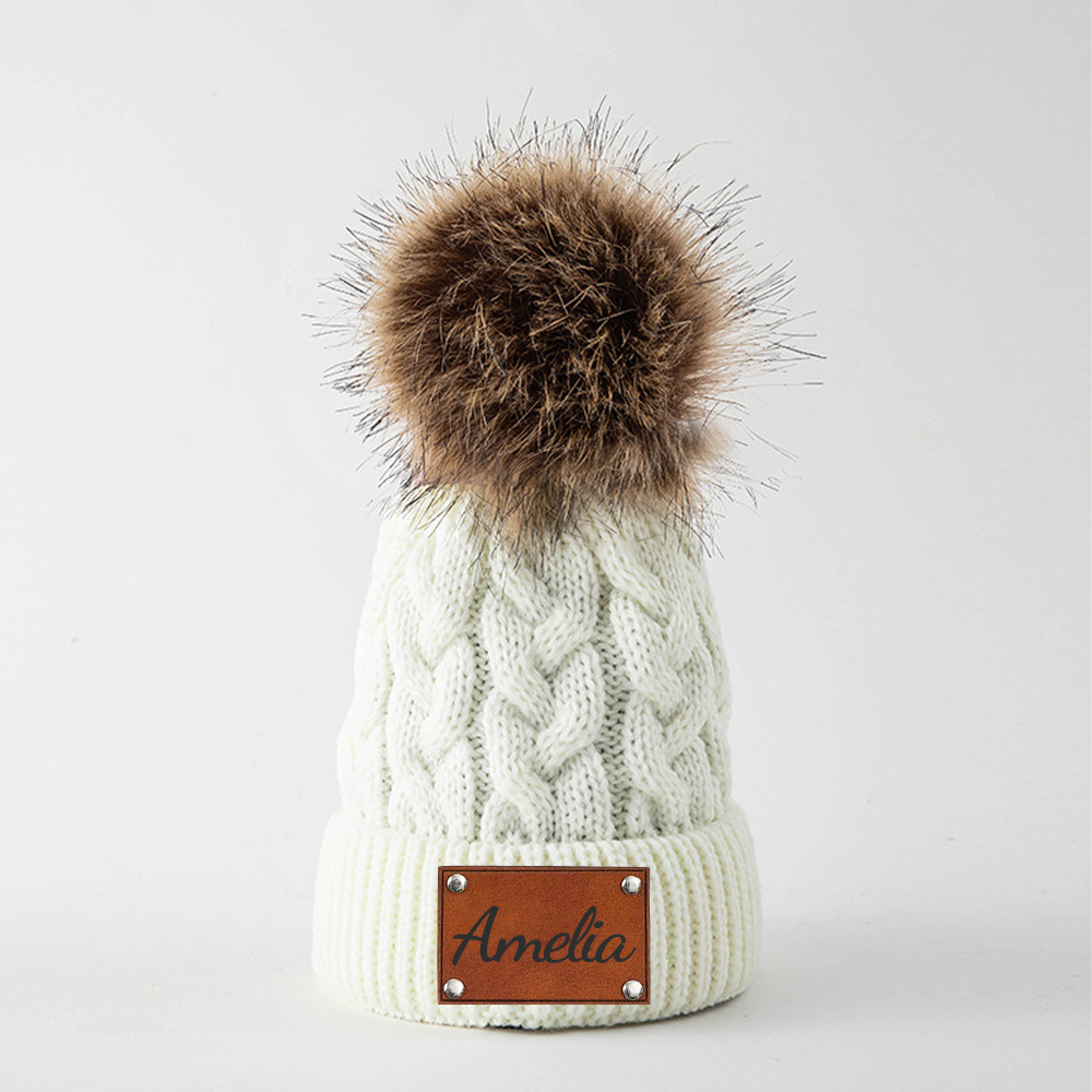 Personalized Kids Faux Leather Patch Pom Pom Beanie