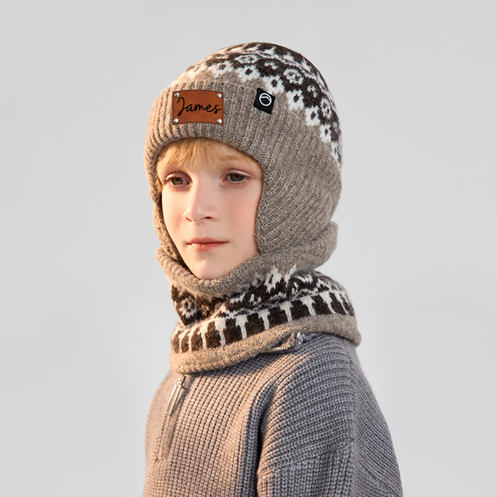 Personalized Kid Leather Patch Winter Beanie With Knitted Scarf Set 