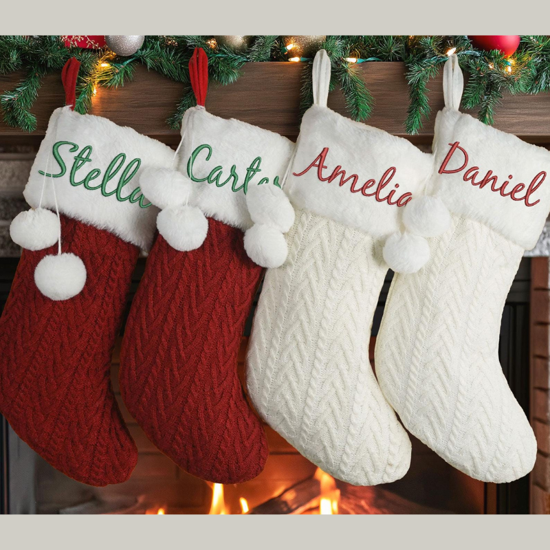 Personalized Knitted With Pom Pom Christmas Stocking