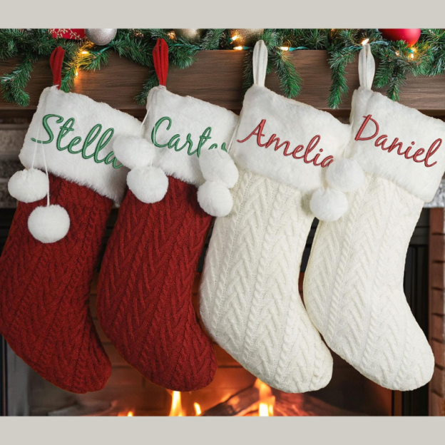 Personalized Knitted With Pom Pom Christmas Stocking