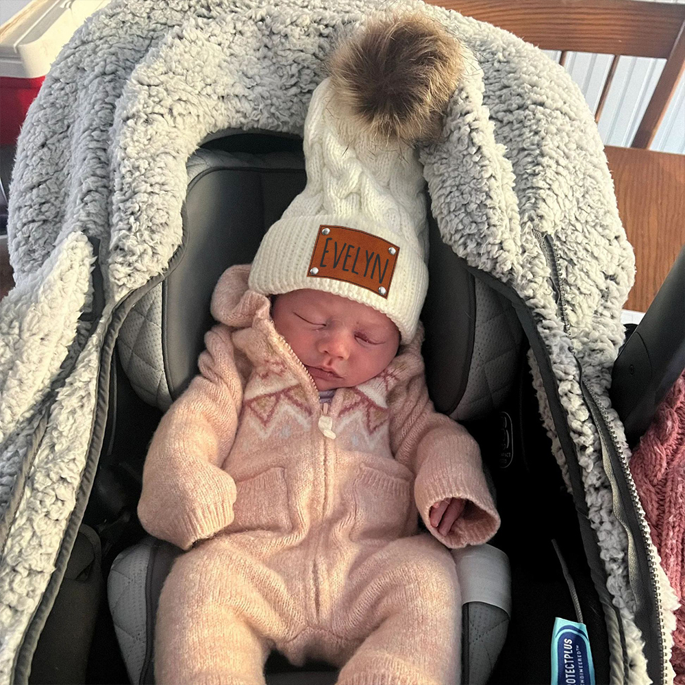 Personalized Kids Faux Leather Patch Pom Pom Beanie