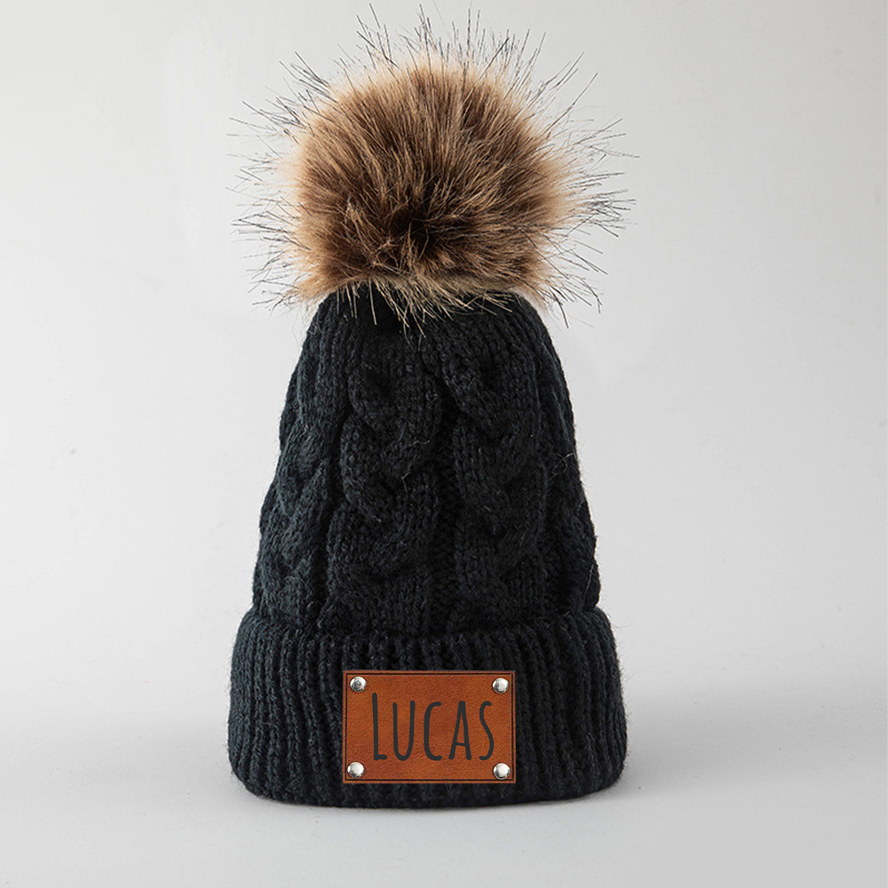 Personalized Kids Faux Leather Patch Pom Pom Beanie