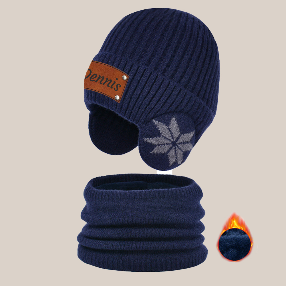 Personalized Kid Leather Patch Winter Beanie With Knitted Scarf Set 