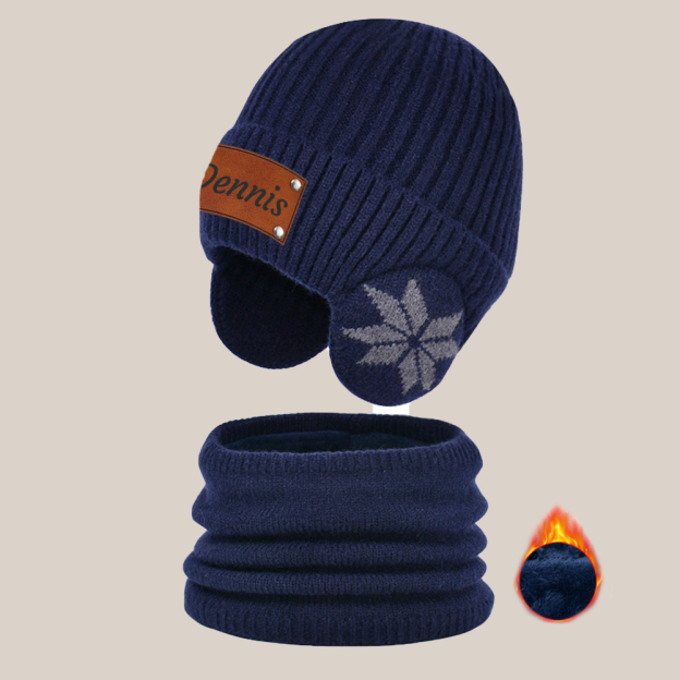 Personalized Kid Leather Patch Winter Beanie With Knitted Scarf Set 