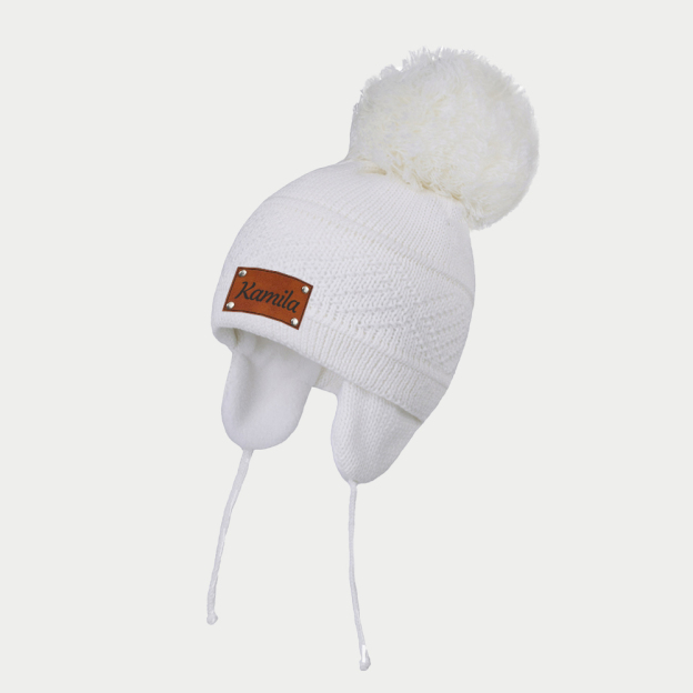 Personalized Kid Leather Patch Pom Pom Knit Hat