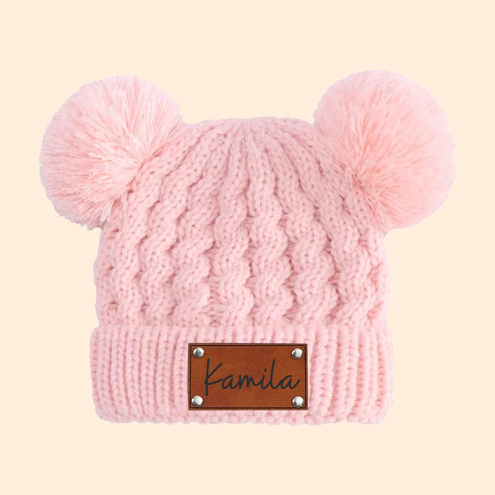 Personalized Kid Leather Patch Pom Pom Knit Hat
