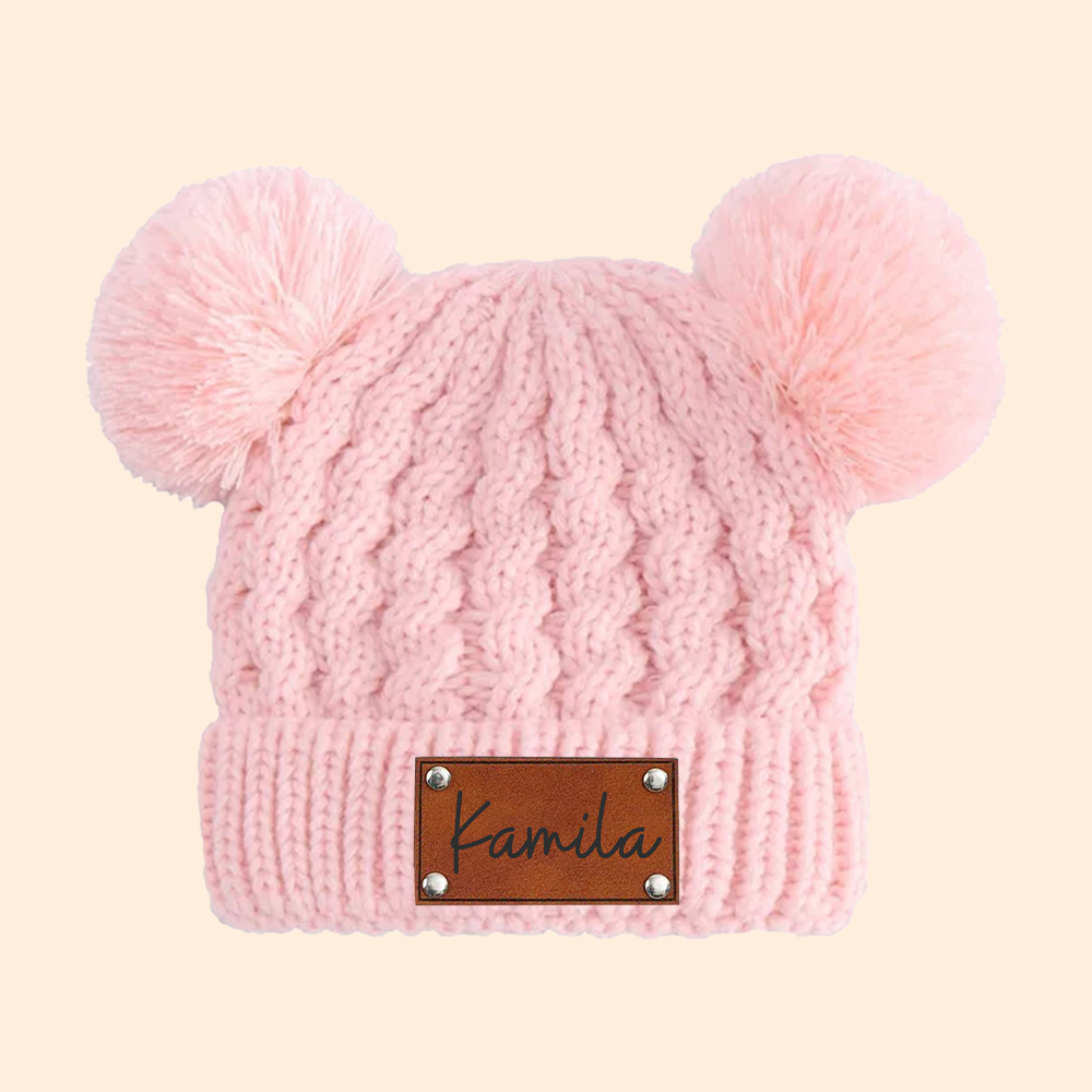 Personalized Kid Leather Patch Pom Pom Knit Hat