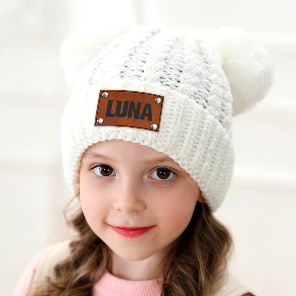 Personalized Kid Leather Patch Pom Pom Knit Hat