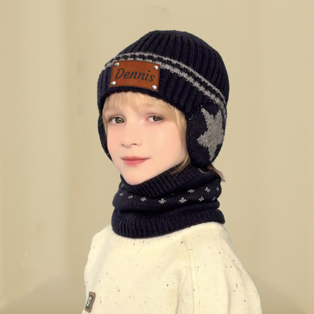 Personalized Kid Leather Patch Winter Beanie With Knitted Scarf Set 