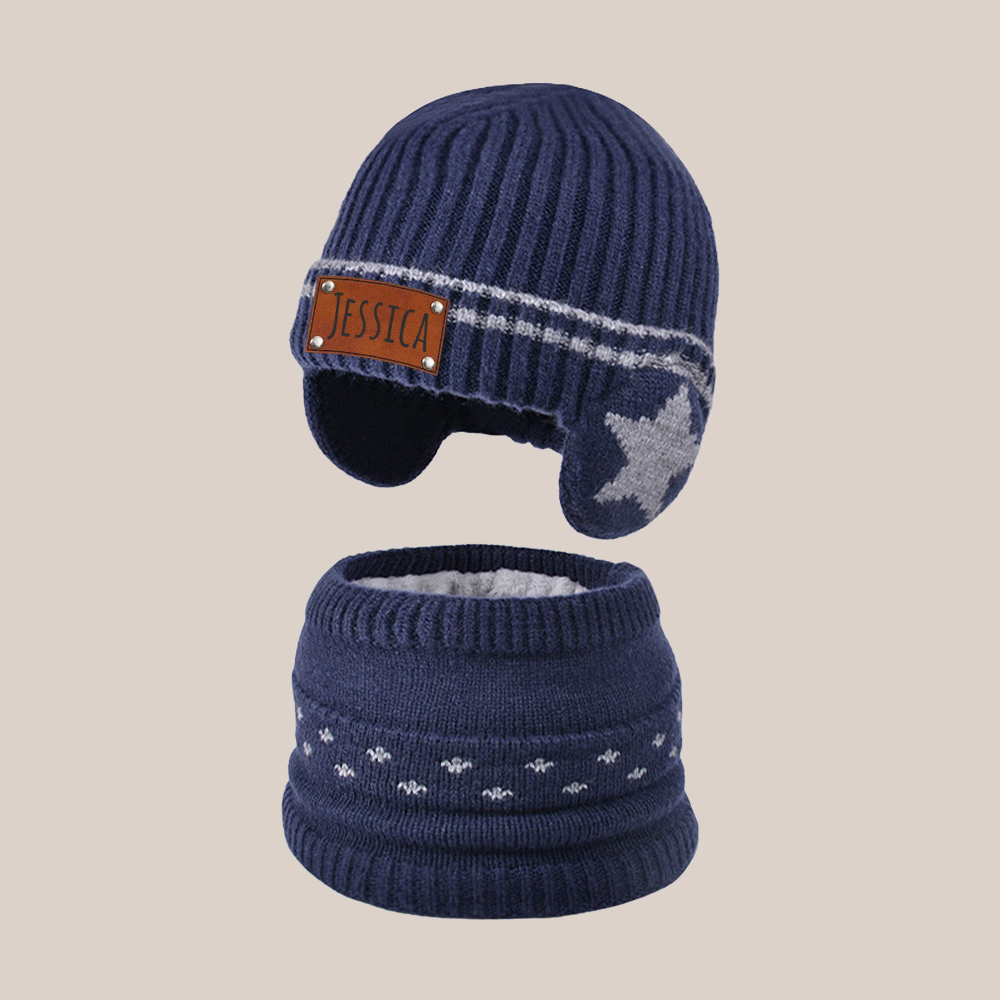 Personalized Kid Leather Patch Winter Beanie With Knitted Scarf Set 