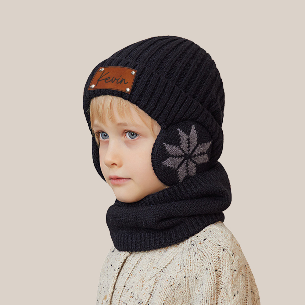 Personalized Kid Leather Patch Winter Beanie With Knitted Scarf Set 