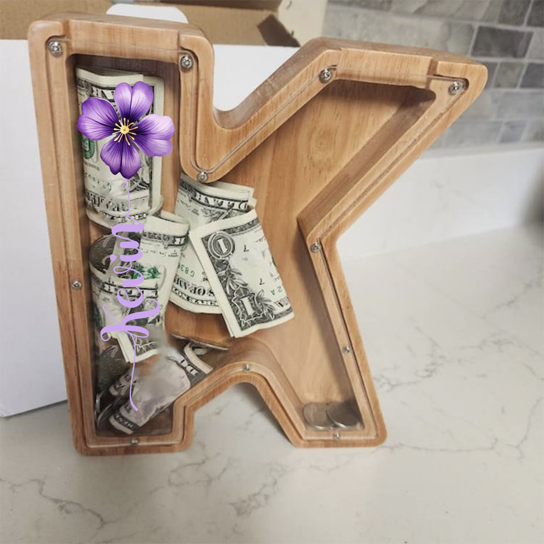 Personalized Kid Cute Wood Letter Birth Flower Money Boxes