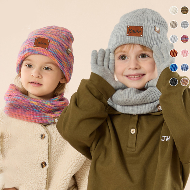 Personalized Kid Leather Patch Winter Beanie With Knitted Scarf Set 