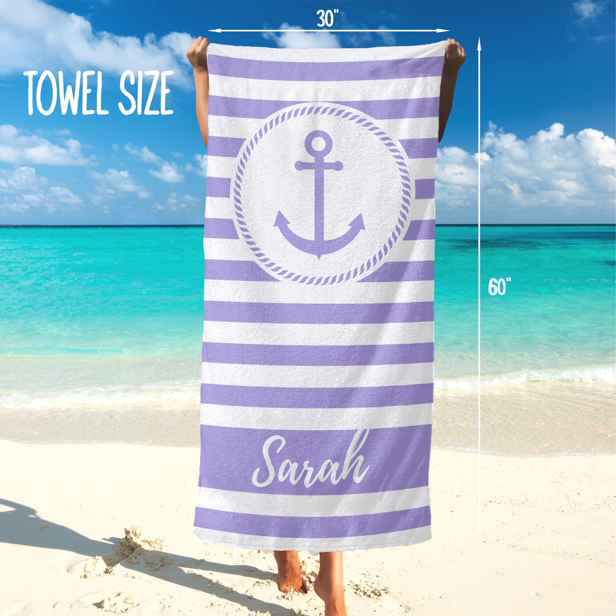 Personalized Striped Beach Towel with Anchor for Summer & Beach | KKTowel57