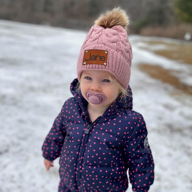 Personalized Kids Faux Leather Patch Pom Pom Beanie