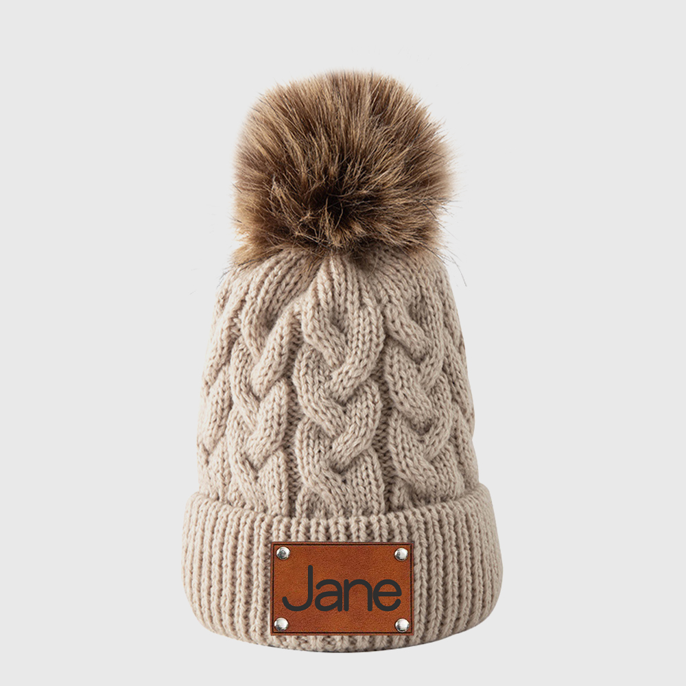 Personalized Kids Faux Leather Patch Pom Pom Beanie