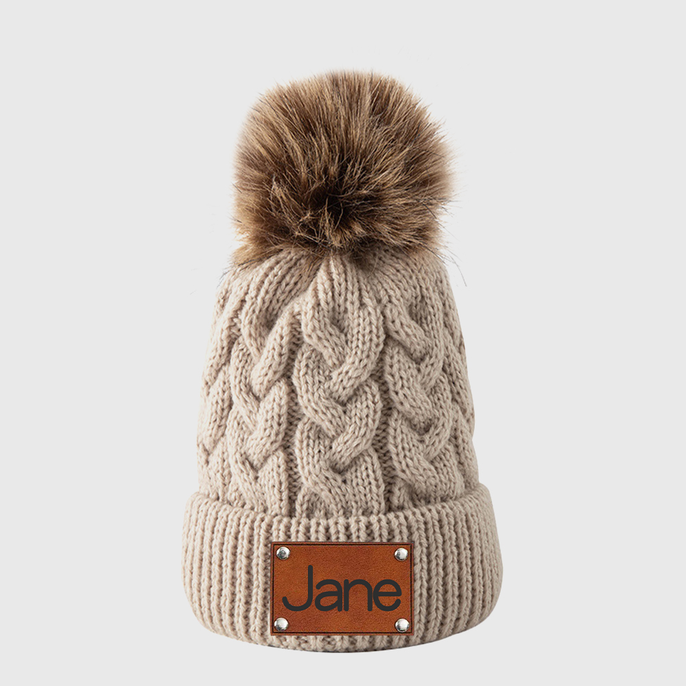 Personalized Kids Faux Leather Patch Pom Pom Beanie