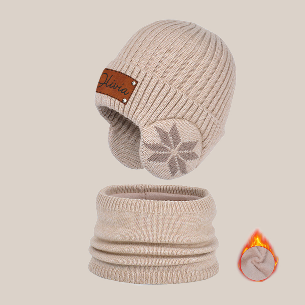 Personalized Kid Leather Patch Winter Beanie With Knitted Scarf Set 