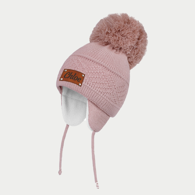 Personalized Kid Leather Patch Pom Pom Knit Hat