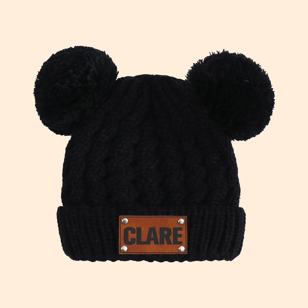 Personalized Kid Leather Patch Pom Pom Knit Hat