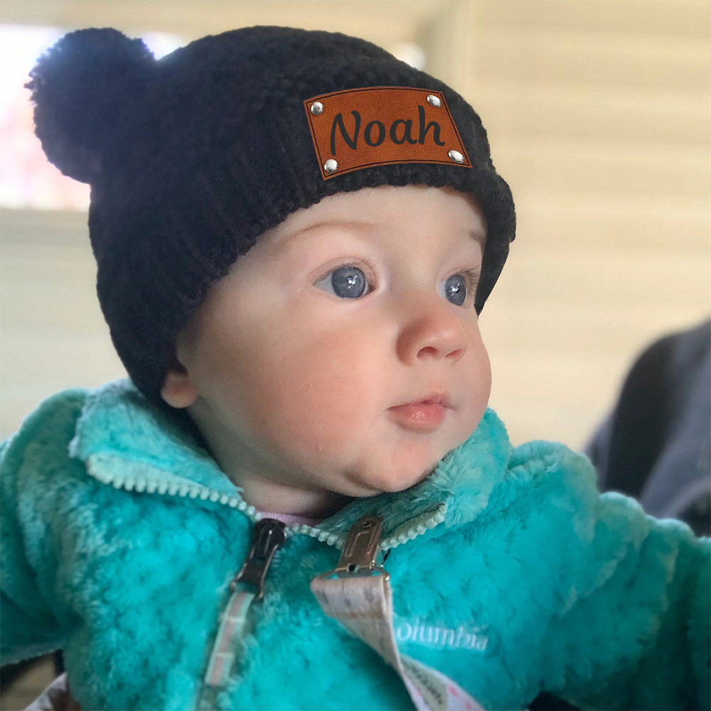 Personalized Kid Leather Patch Pom Pom Knit Hat