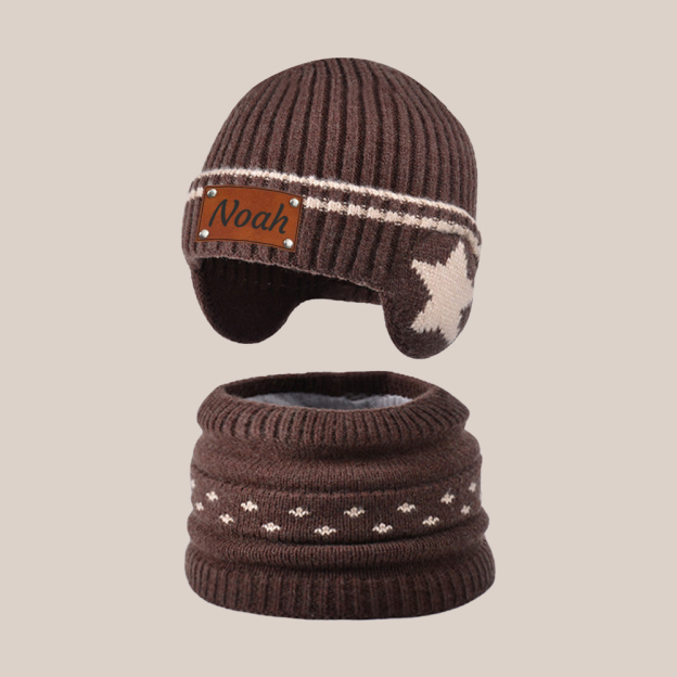 Personalized Kid Leather Patch Winter Beanie With Knitted Scarf Set 