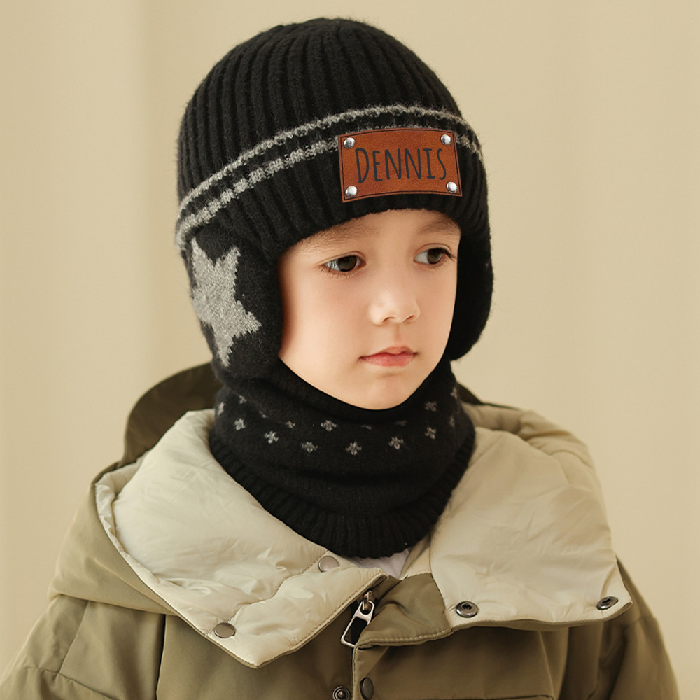 Personalized Kid Leather Patch Winter Beanie With Knitted Scarf Set 