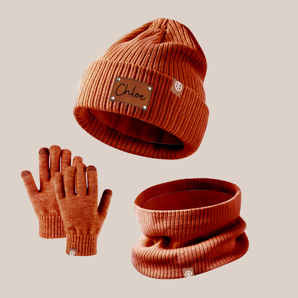 Personalized Kid Leather Patch Winter Beanie With Knitted Scarf Set 