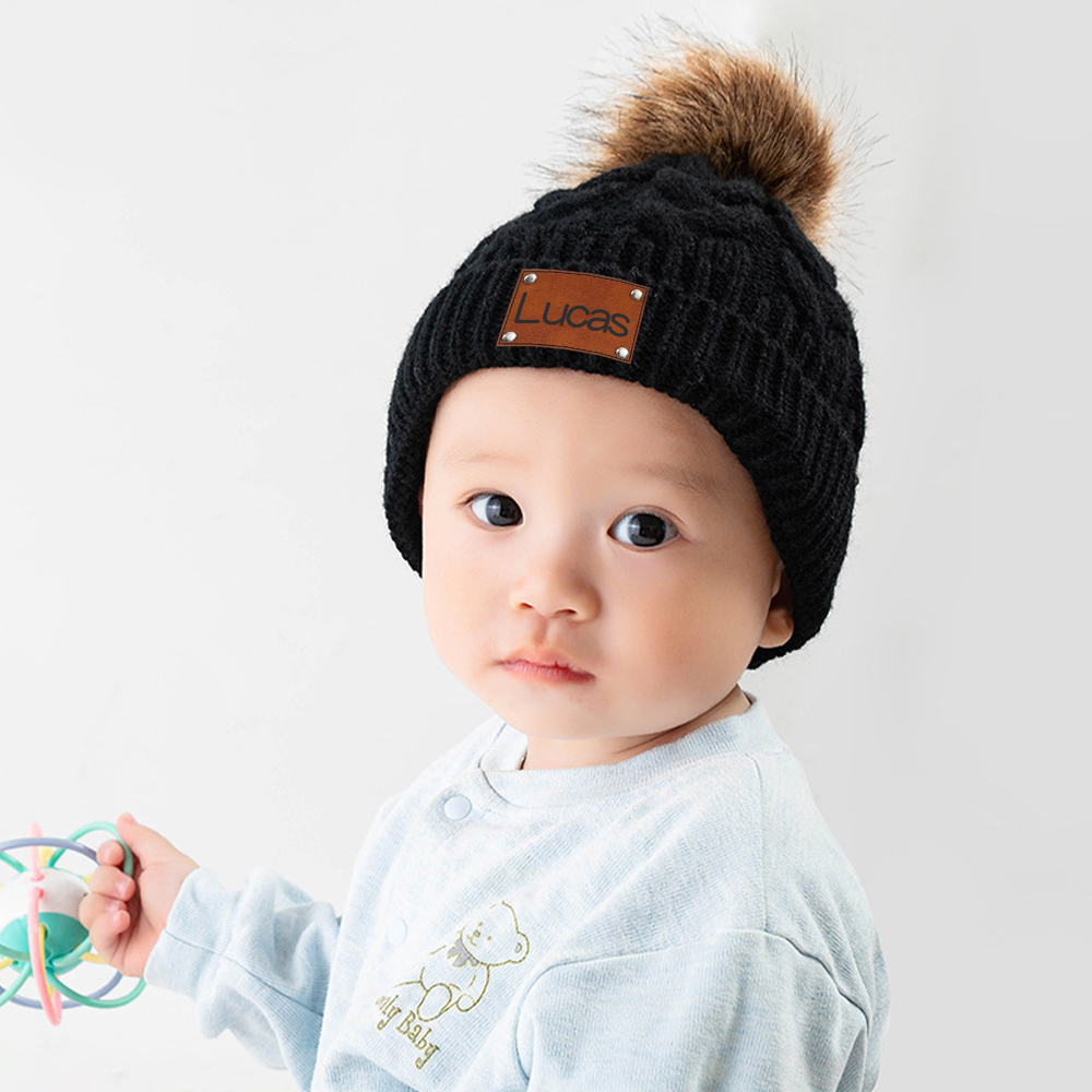 Personalized Kids Faux Leather Patch Pom Pom Beanie