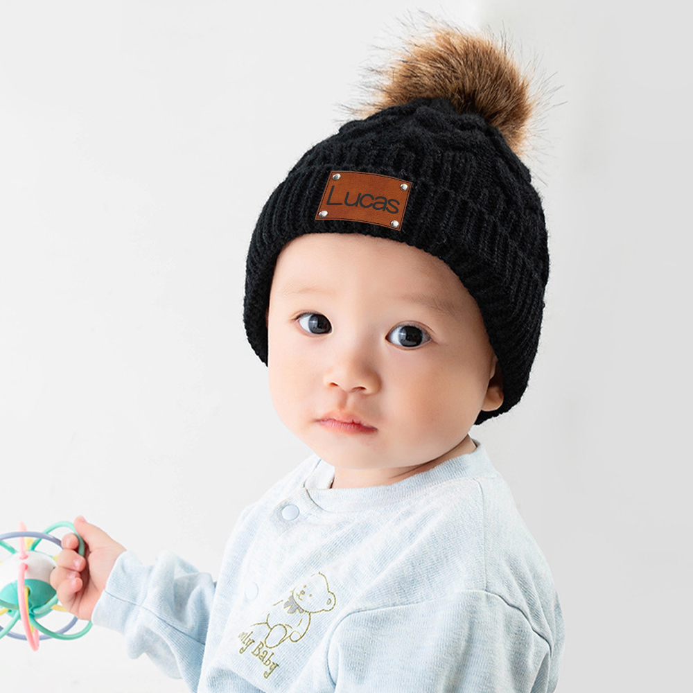 Personalized Kids Faux Leather Patch Pom Pom Beanie