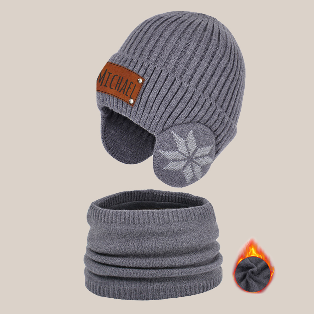 Personalized Kid Leather Patch Winter Beanie With Knitted Scarf Set 