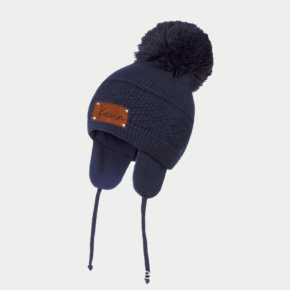 Personalized Kid Leather Patch Pom Pom Knit Hat