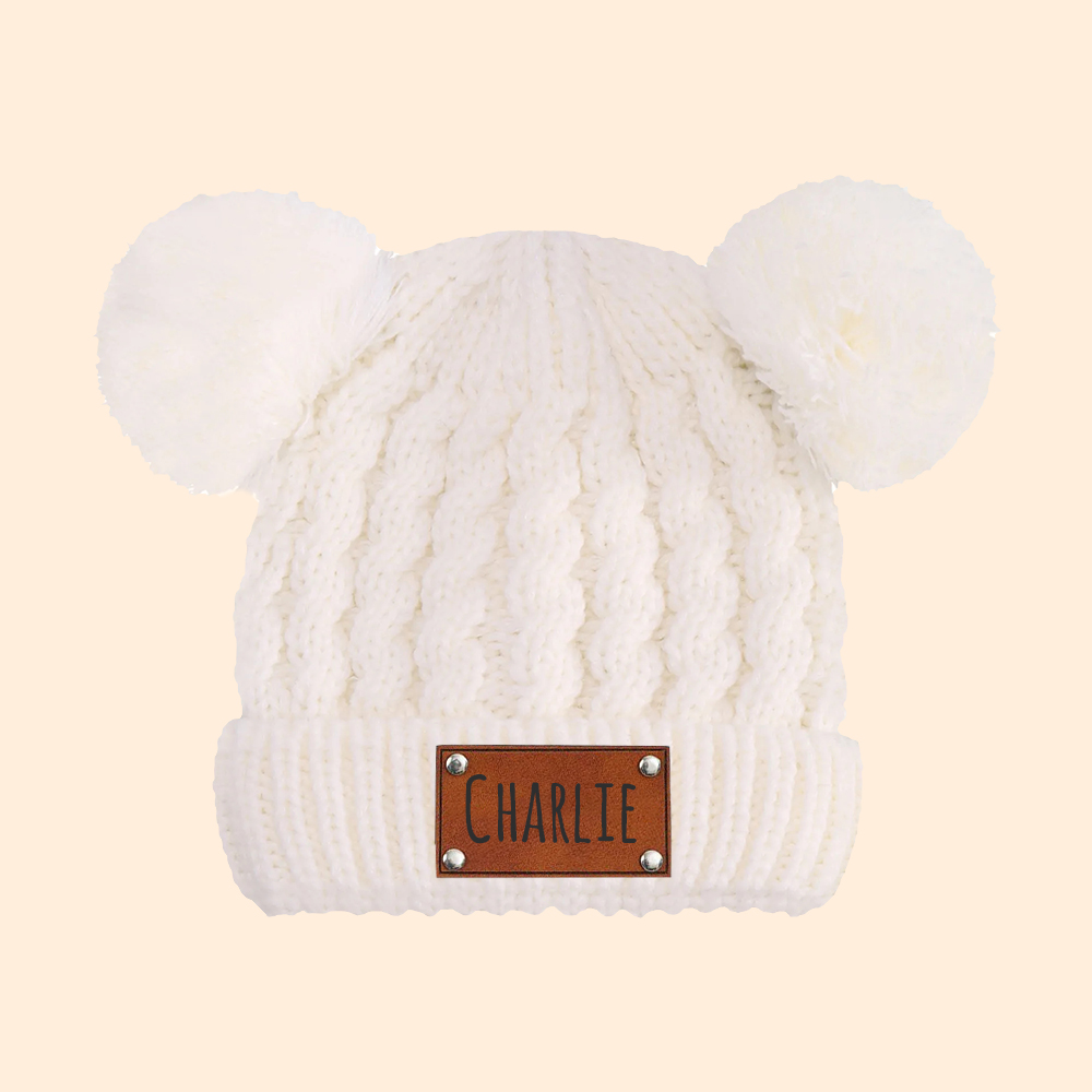 Personalized Kid Leather Patch Pom Pom Knit Hat