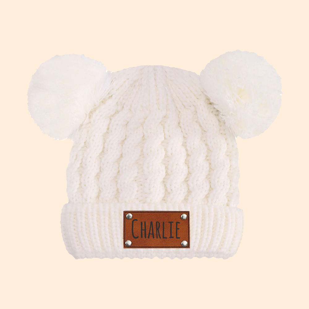 Personalized Kid Leather Patch Pom Pom Knit Hat