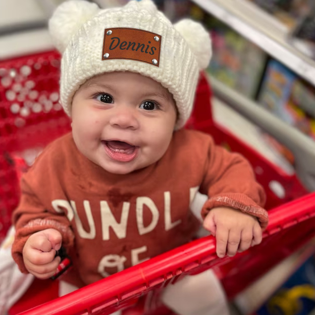 Personalized Kid Leather Patch Pom Pom Knit Hat