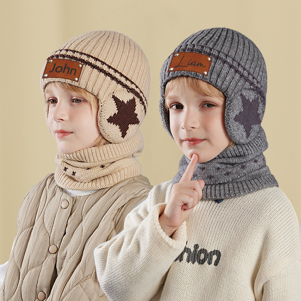 Personalized Kid Leather Patch Winter Beanie With Knitted Scarf Set 
