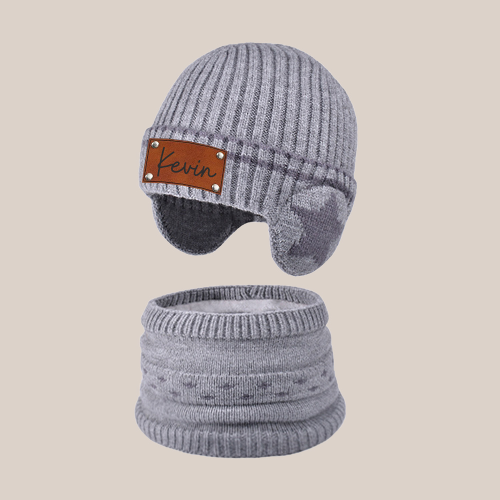 Personalized Kid Leather Patch Winter Beanie With Knitted Scarf Set 