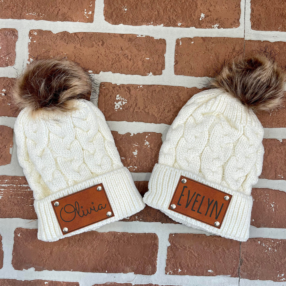 Personalized Kids Faux Leather Patch Pom Pom Beanie