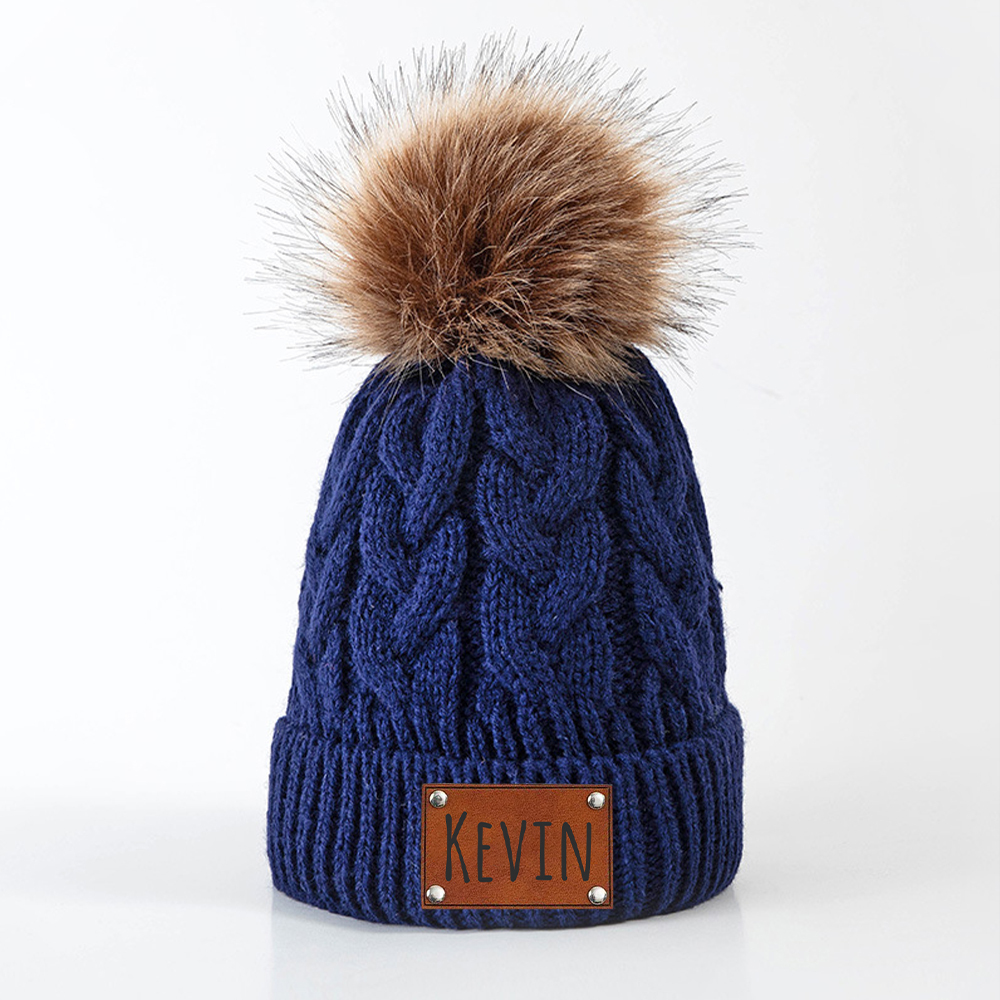 Personalized Kids Faux Leather Patch Pom Pom Beanie