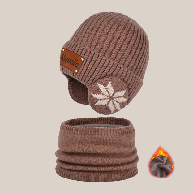Personalized Kid Leather Patch Winter Beanie With Knitted Scarf Set 