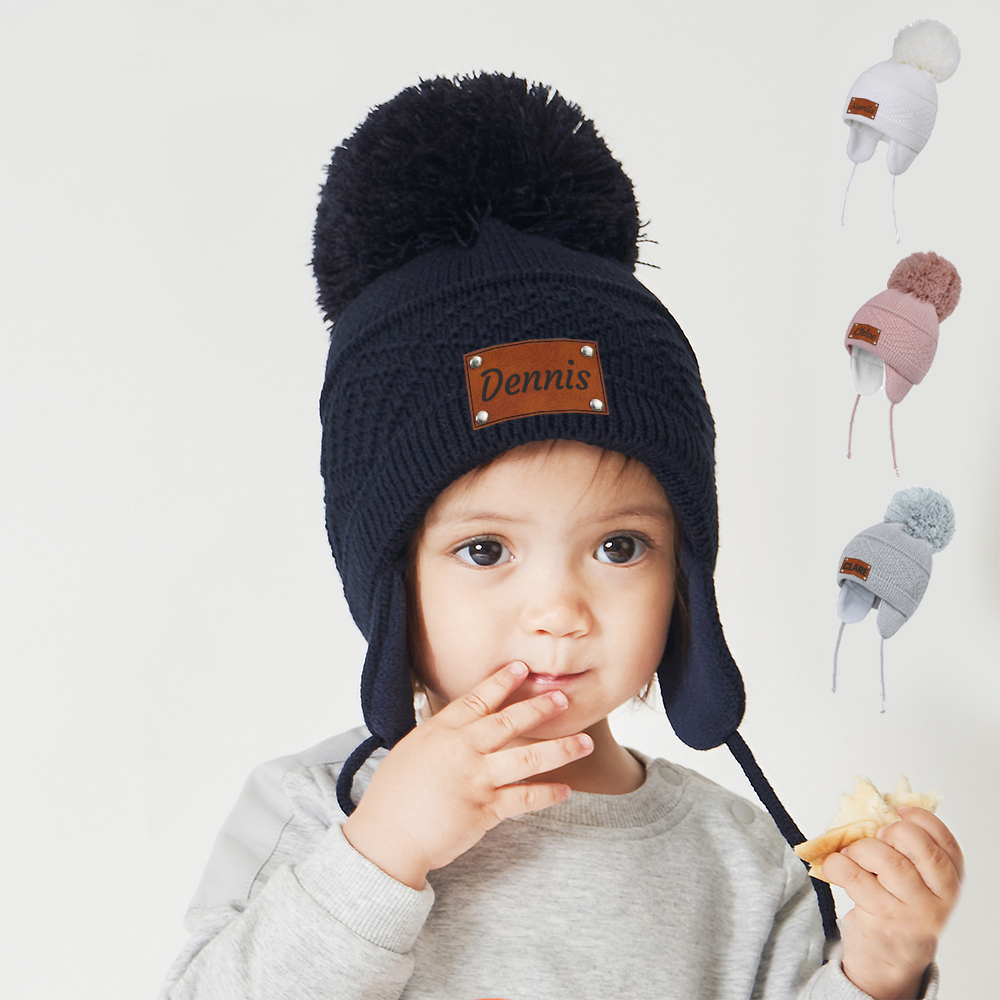 Personalized Kid Leather Patch Pom Pom Knit Hat