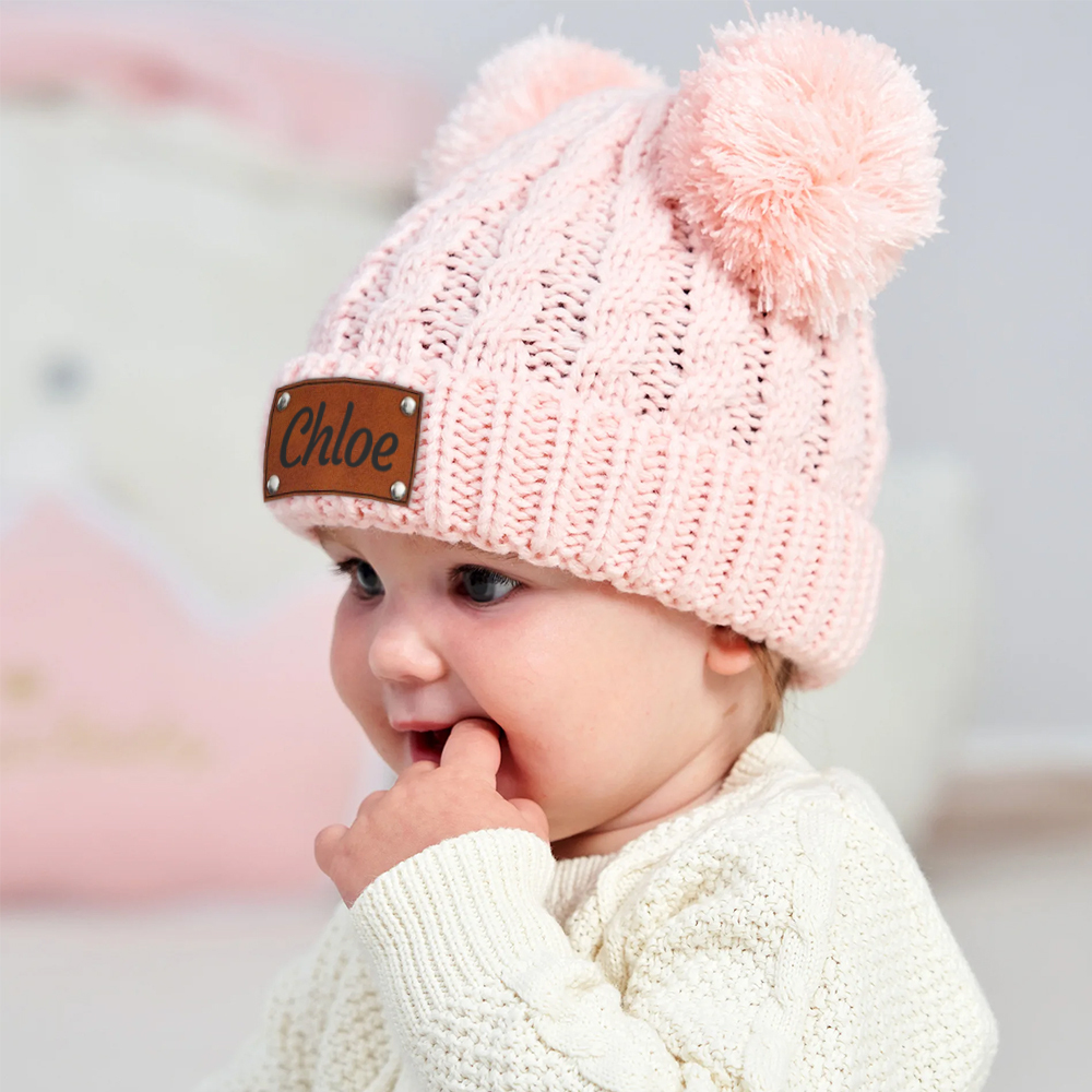 Personalized Kid Leather Patch Pom Pom Knit Hat